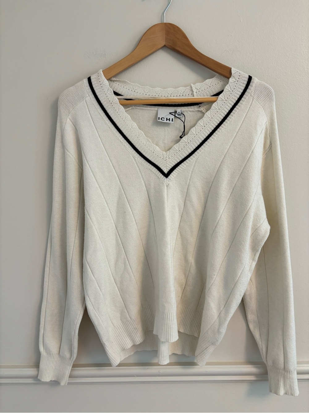 ICHI Cream V-Neck Sweater with Black Trim